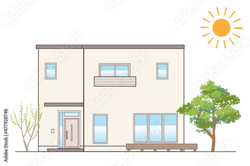 架空の戸建住宅 一軒家のシンプルなイラスト 陸屋根 暖色系