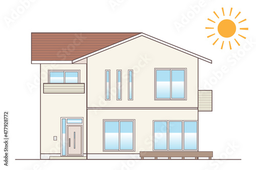 架空の戸建住宅 一軒家のシンプルなイラスト 切妻屋根 温かみのある色合い