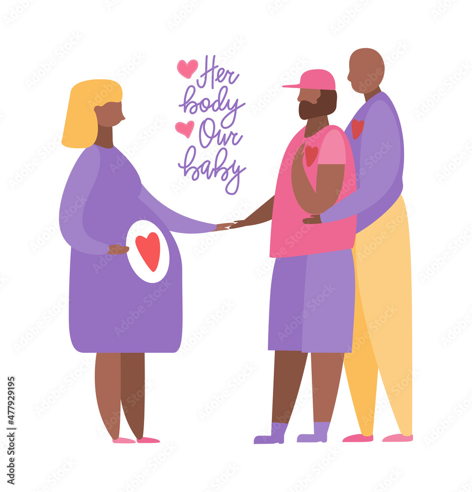 Couple with Surrogate Pregnant woman. Vector illustration flat cartoon style. Adoptive parents. Surrogacy. Couple with Surrogate Pregnant woman. Vector illustration flat cartoon style. Adoptive parents. Surrogacy.