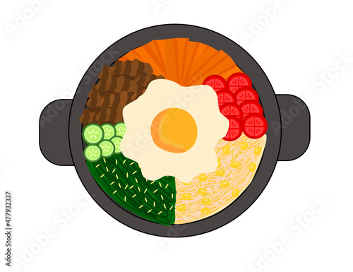 Korean traditional food bibimbap or or bi bim bop.Korea concept.Clip art for restaurants, menus, or recipes.Hand drawn or doodle.Sign, symbol, icon or logo isolated.Cartoon vector illustration.