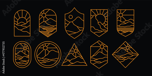 a collection of badges set in vector graphics. logotype template isolated on black. mountain illustration on the frame as badges for labels, business logo, clothing design, etc.