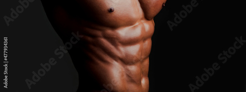 Fotografie Banner templates with muscular man, muscular torso, six pack abs muscle