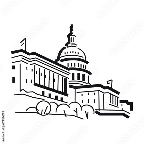 Simple capitol building in a black and white vector line art drawing