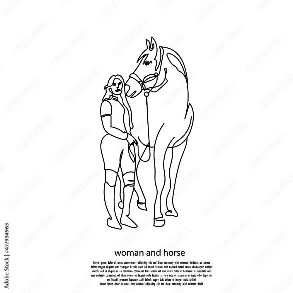 continuous line of women and horses. line art of woman standing beside a horse continuous line of women and horses. line art of woman standing beside a horse