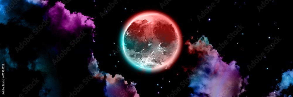 Fototapeta premium Illustration of night sky with full blue moon