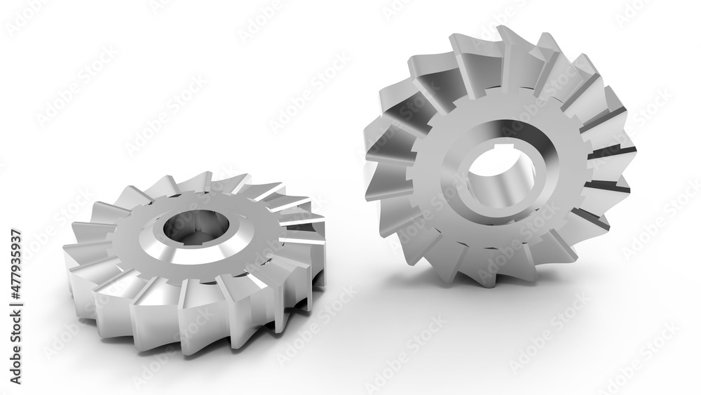 3D rendering - two isolated metallic gears 3D rendering - two isolated metallic gears