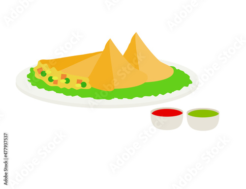 World Samosa Day.indian street food samosa with sauce.Clip art for restaurants, menus, or recipes.Hand drawn or doodle.Sign, symbol, icon or logo isolated.Cartoon vector illustration.
