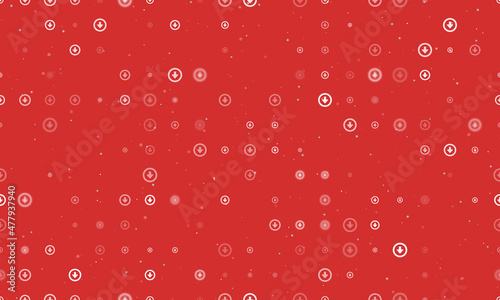 Seamless background pattern of evenly spaced white download symbols of different sizes and opacity. Vector illustration on red background with stars
