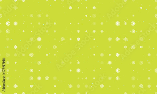 Seamless background pattern of evenly spaced white snowflake symbols of different sizes and opacity. Vector illustration on lime background with stars