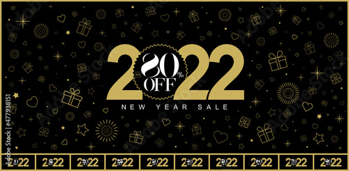 2022 new year sale banner in gold and black color. There are discount numbers to choose from 10, 15, 20, 25, 30, 40, 50, 60, 70, 80 and 90 percent off with specially designed. vector, illustration.