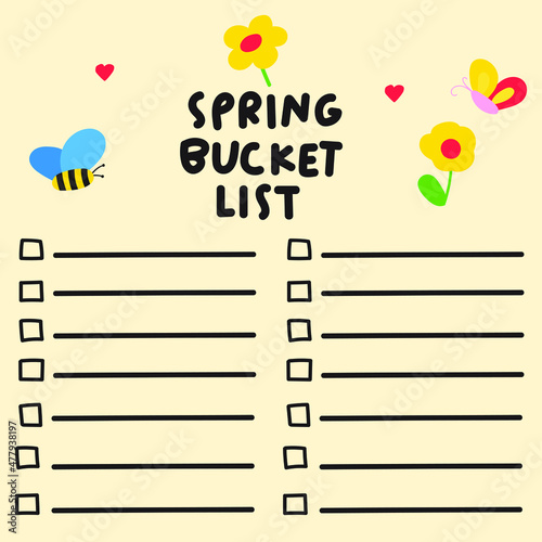 Spring bucket list. Printable template. Vector illustration on white background.