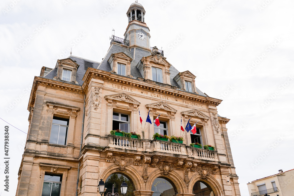 city hall text liberte egalité fraternite means freedom equality fraternity in france facade in town center french stone building in palavas les flots