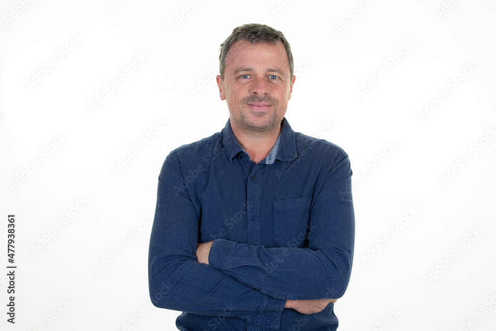 photogenic middle aged man folded arms crossed on white background photogenic middle aged man folded arms crossed on white background
