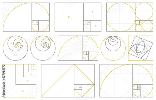 Golden section, fibonacci numbers, ideal proportions ratio. Geometry harmony gold fibonacci spiral ratio, vector illustration set. Spiral proportion elements photo