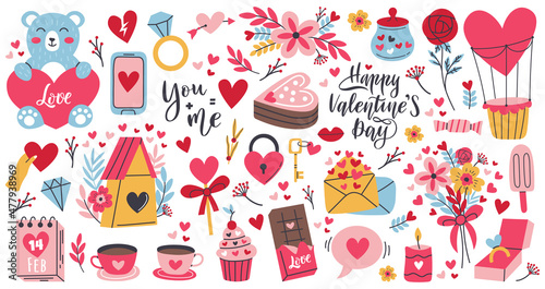 Cartoon romantic love valentines day elements and stickers. Heart shape  sweets  cake and flowers vector symbols set. Valentines day romantic objects