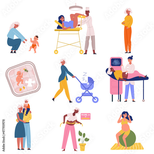 Pregnancy and childbirth scenes, young parents daily activities. Motherhood and newborn baby daily activity vector illustration set. Maternity, parenting scenes