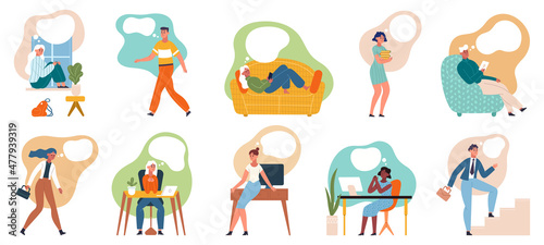 Dreaming people, dreamy thoughtful characters in office and at home. Dreamy male and female characters with dream bubbles vector illustration set. Thoughtful dreaming persons