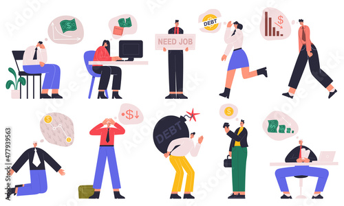 Business financial trouble, bankruptcy, ratings drop, leadership crisis. Sad characters with business problems vector illustration set. Financial failure company employee