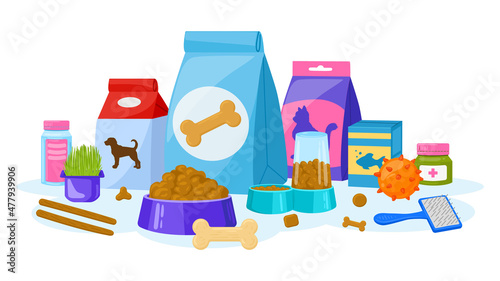Cartoon pet food, cats and dogs pet shop accessories. Domestic pet food, pet shop equipment poster vector illustration. Animal food and accessories advertising background