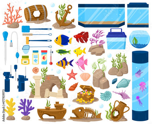 Aquarium underwater seaweeds and fish, cartoon aquaria equipment. Underwater pets, goldfish or guppy vector illustration set. Cartoon aquarium accessory