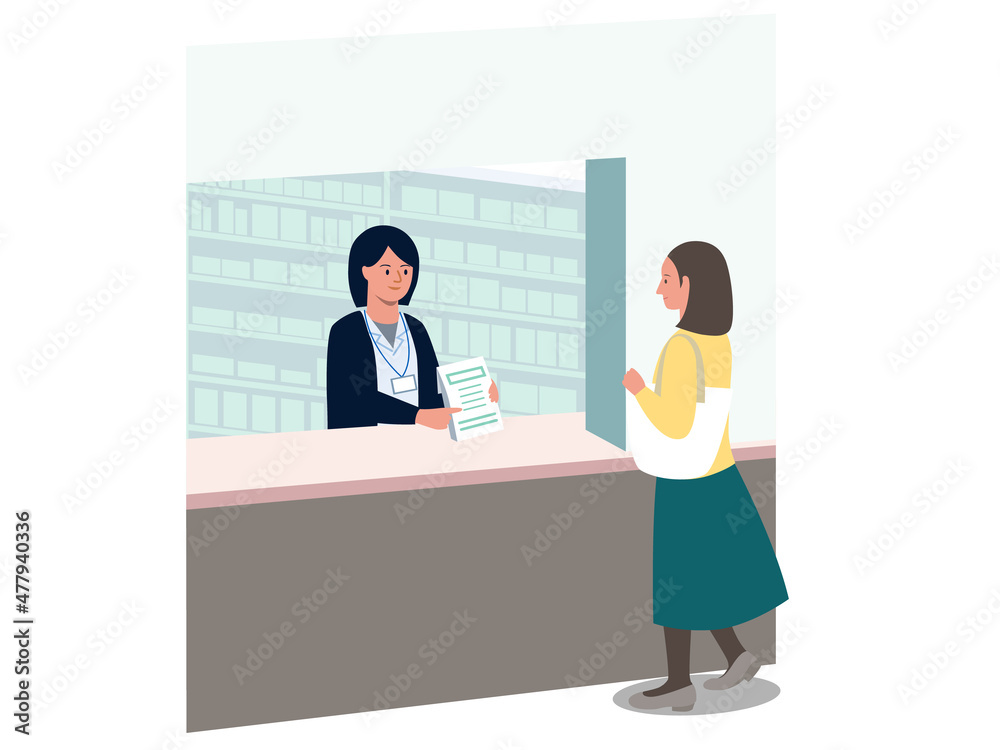 Obraz premium 調剤薬局で薬を受け取る女性と処方する女性薬剤師のベクターイラスト