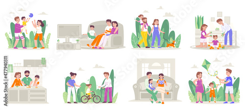 Happy parenting, parents and children daily activities, family scenes. Young family, mother, father and kids spend time together vector illustration set. Family leisure