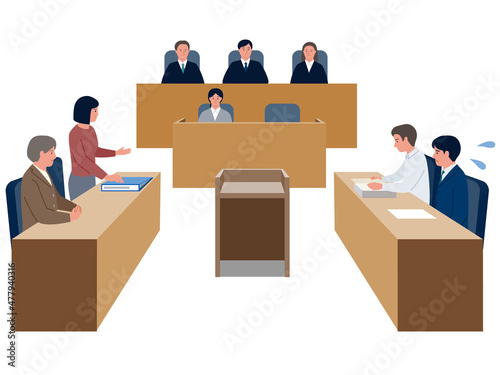 裁判で女性弁護士に追求されて汗をかく被告人男性と弁護人、裁判官のベクターイラスト