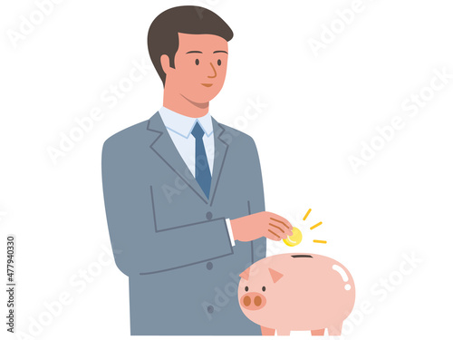 ぶたの貯金箱にコツコツと小銭を貯める若い会社員男性のベクターイラスト