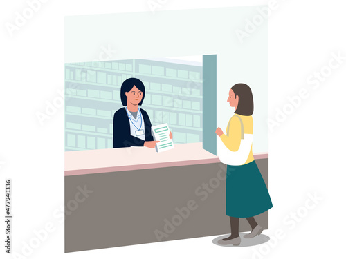 調剤薬局で薬を受け取る女性と処方する女性薬剤師のベクターイラスト