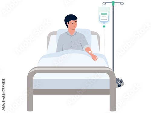 病気で入院して点滴を受ける男性のベクターイラスト