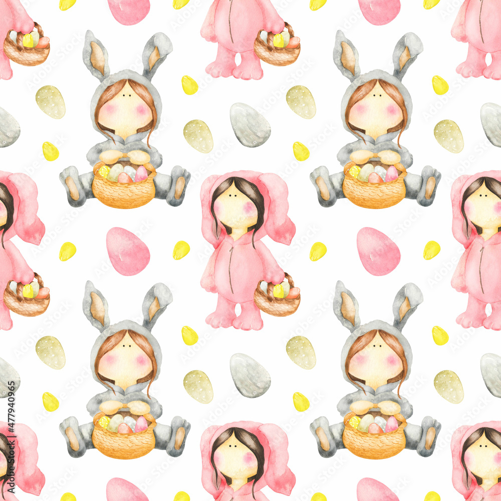 Watercolor seamless easter digital paper with cute girls doll bunnies. Great for printing, web, textile design, various souvenirs.