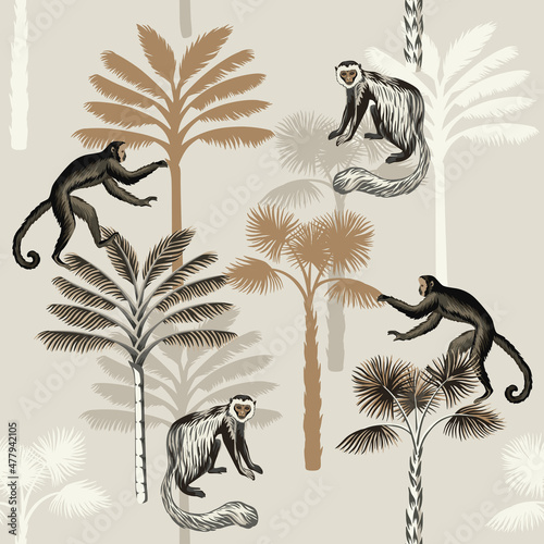 Photography Tropical vintage animal monkey, palm trees floral seamless pattern beige background