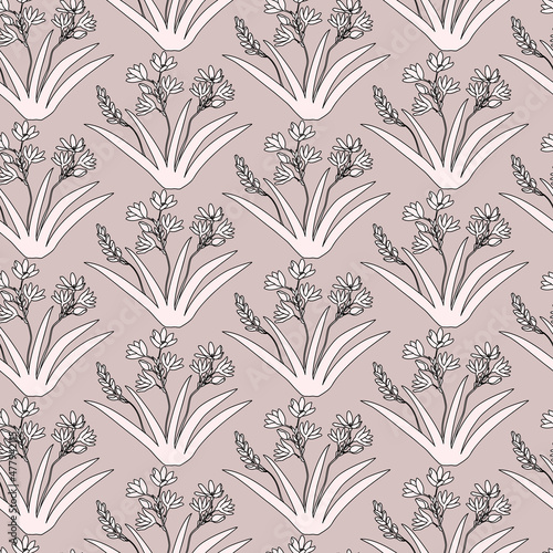 Pastel Pink Flowers Nature Themed Geometric Layout Seamless Repeat Pattern. Beautiful hand drawn vector design, perfect for fabric, wrapping paper, wall paper, home decor, quilting, gifts and apparel.