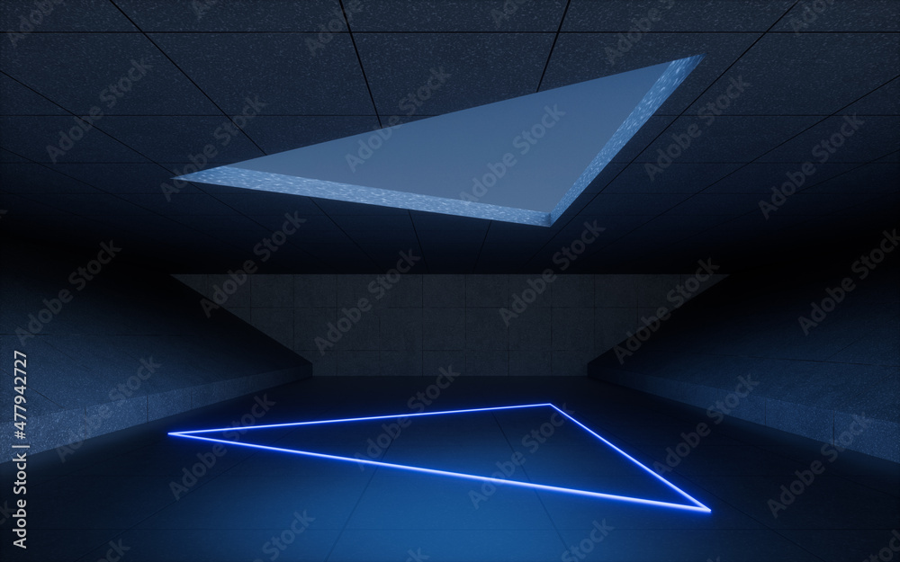 Concrete building and neon lines, 3d rendering.