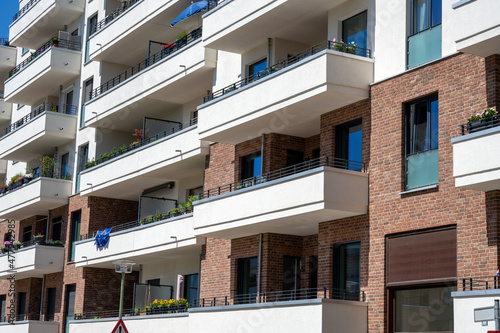Fényképezés The facade of a modern apartment building with big balconies seen in Berlin, Ger