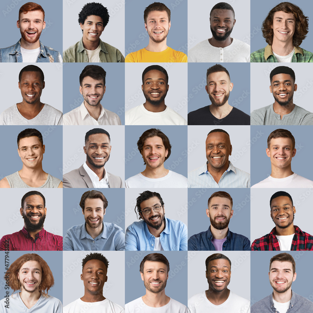 Portraits of positive multiracial men smiling at camera Portraits of positive multiracial men smiling at camera