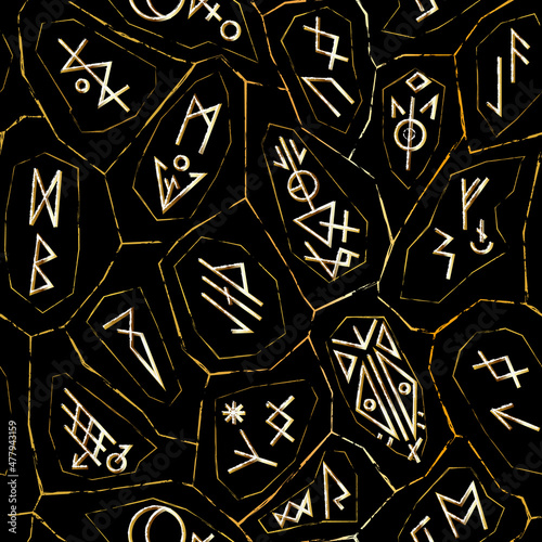 Gold runes seamless pattern.