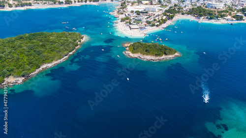 Beautiful aerial view of Ksamil from above islands and sea, Albanian Riviera photo
