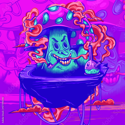 mushroom character with smoke and bong
