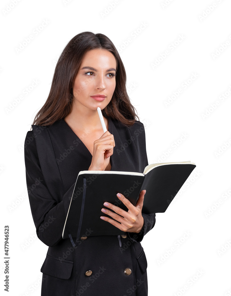 Businesswoman with notebook in hands, pensive isolated over white background Businesswoman with notebook in hands, pensive isolated over white background