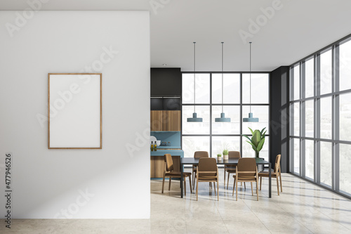 Light kitchen interior with furniture  chairs and eating table  mock up poster