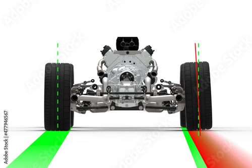 Car rear wheel missalignment.3D illustration with back view of a car drivetrain with rear wheels alignment. Car positive camber  photo