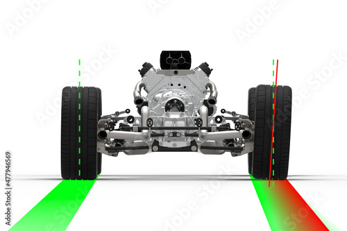 Car rear wheel missalignment.3D illustration with back view of a car drivetrain with rear wheels alignment. Car positive camber 