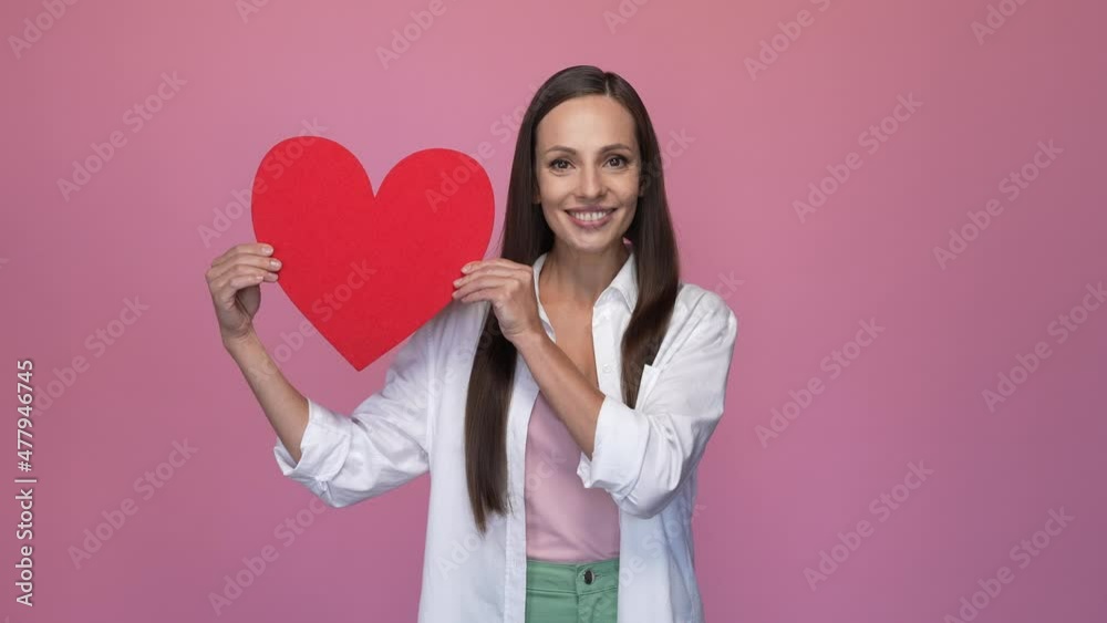 Lady hold card heart present cuddle isolated pastel color background Lady hold card heart present cuddle isolated pastel color background