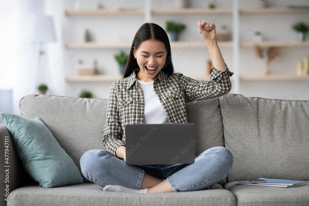 Naklejka premium Emotional asian woman with laptop celebrating success