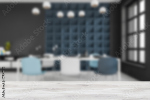 Black and white dining interior with six seats near window. Mockup