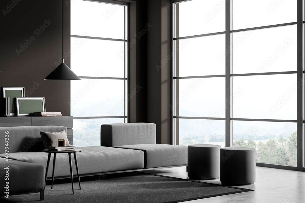 Fototapeta premium Grey and brown living room with padded stools. Corner view.