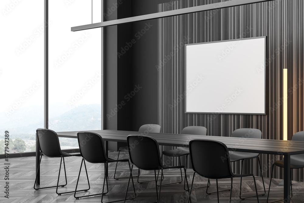 Fototapeta premium Corner view of modern dark grey meeting room