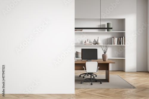 Bright office room interior with empty white wall