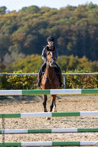 Horse with rider during jumping training on the riding arena, while approaching an obstacle..